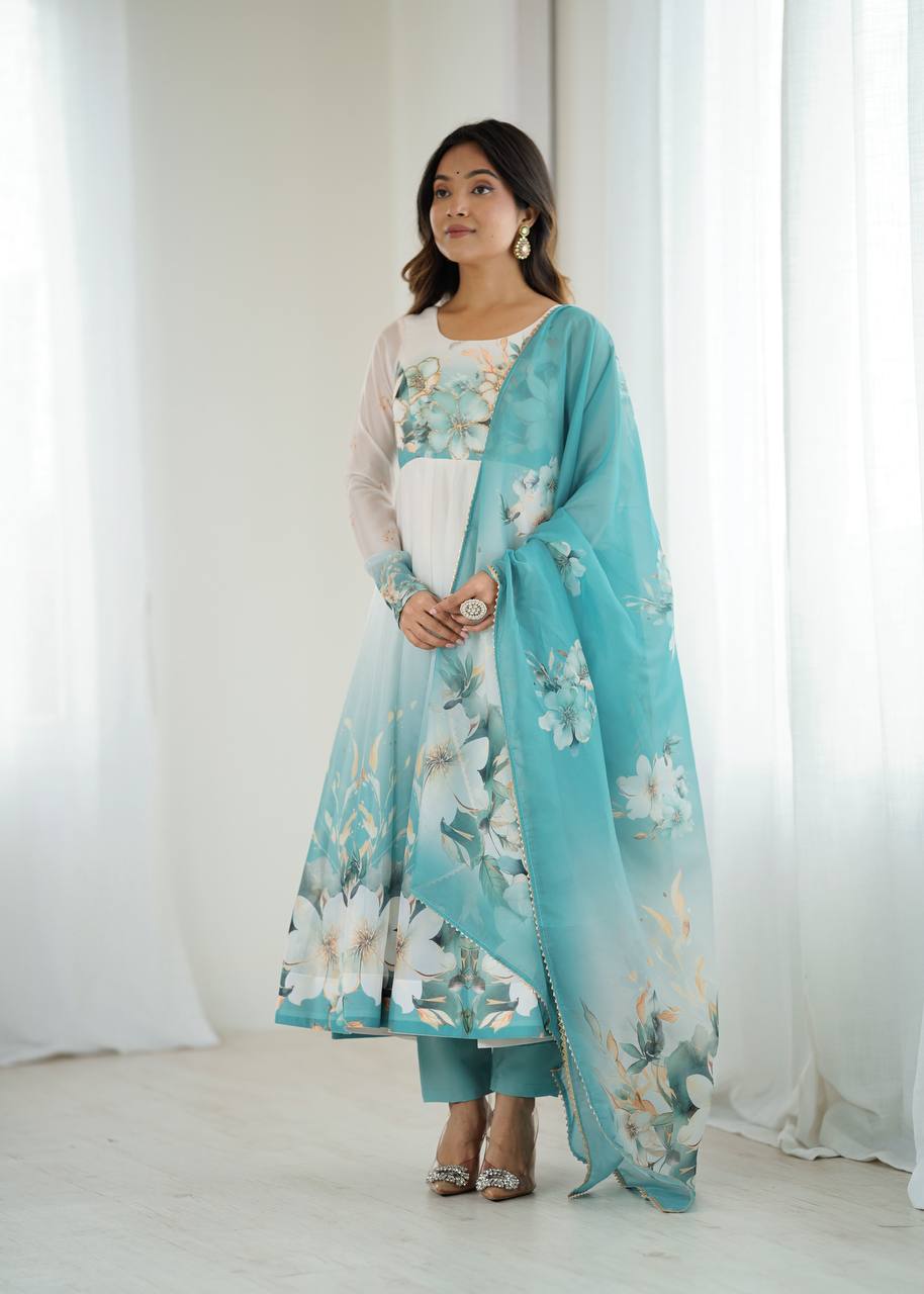 Prachi Aqua Blue & White Floral Print Anarkali Gown