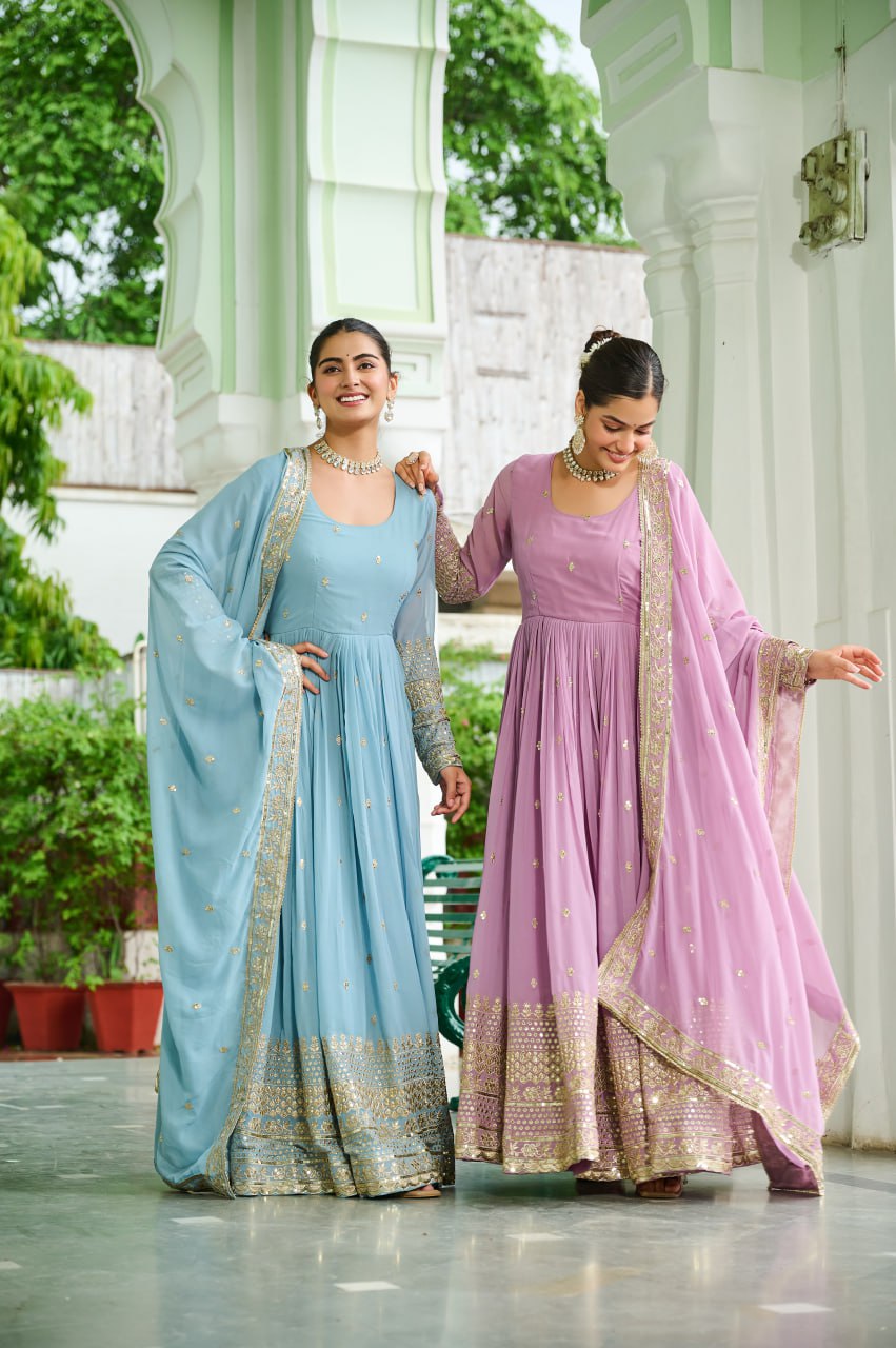 Surbhi Pastel Blue & Lavender Golden Embroidered  Anarkali Gown