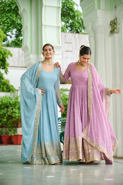 Surbhi Pastel Blue & Lavender Golden Embroidered  Anarkali Gown