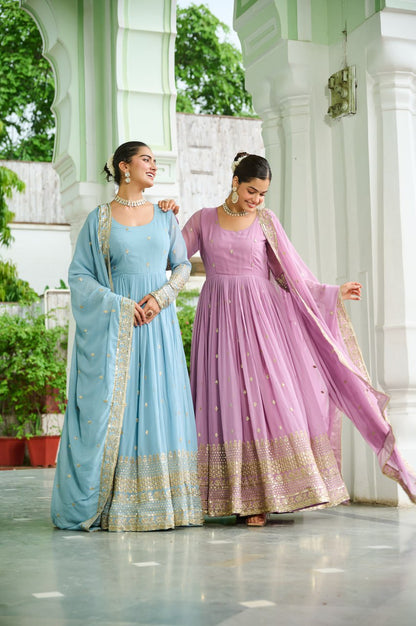 Surbhi Pastel Blue & Lavender Golden Embroidered  Anarkali Gown