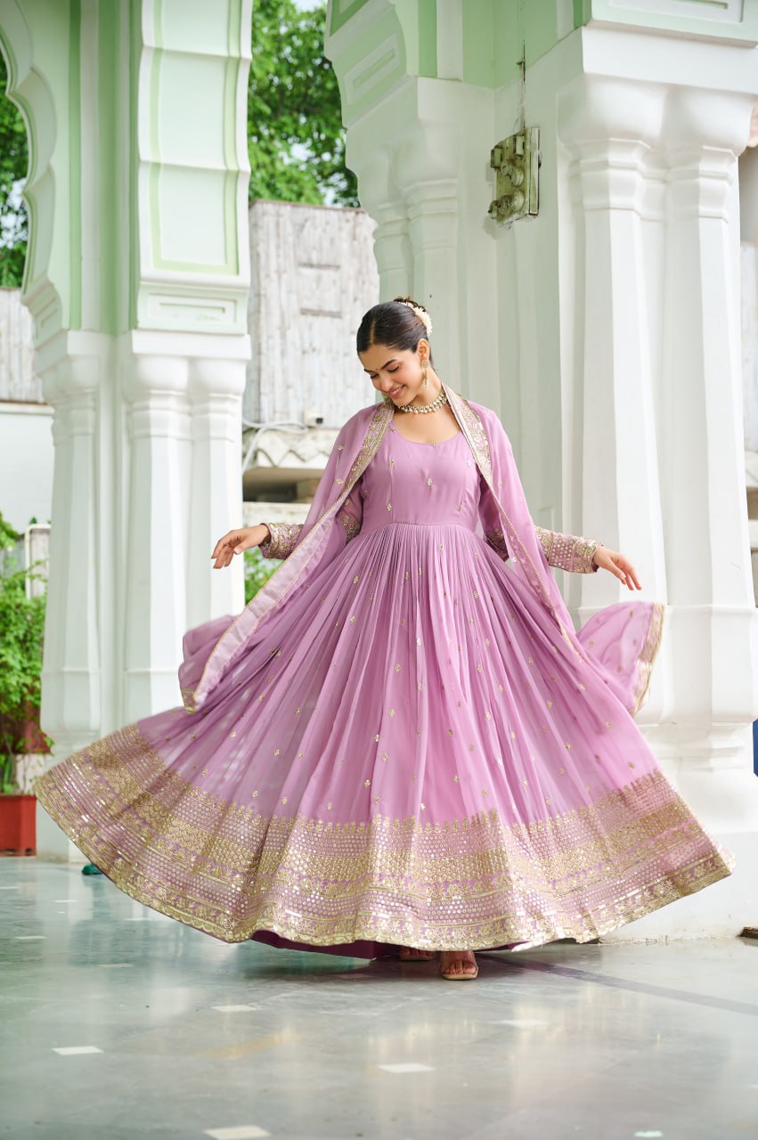 Surbhi Pastel Blue & Lavender Golden Embroidered  Anarkali Gown