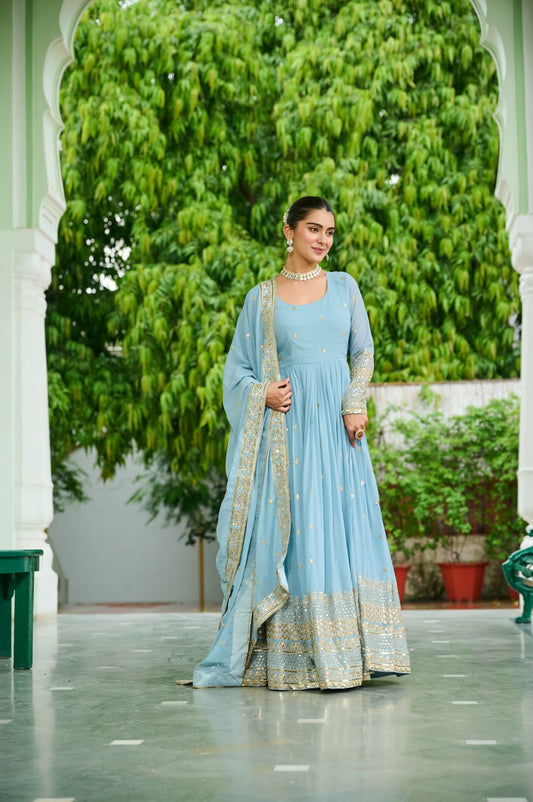 Surbhi Pastel Blue & Lavender Golden Embroidered  Anarkali Gown