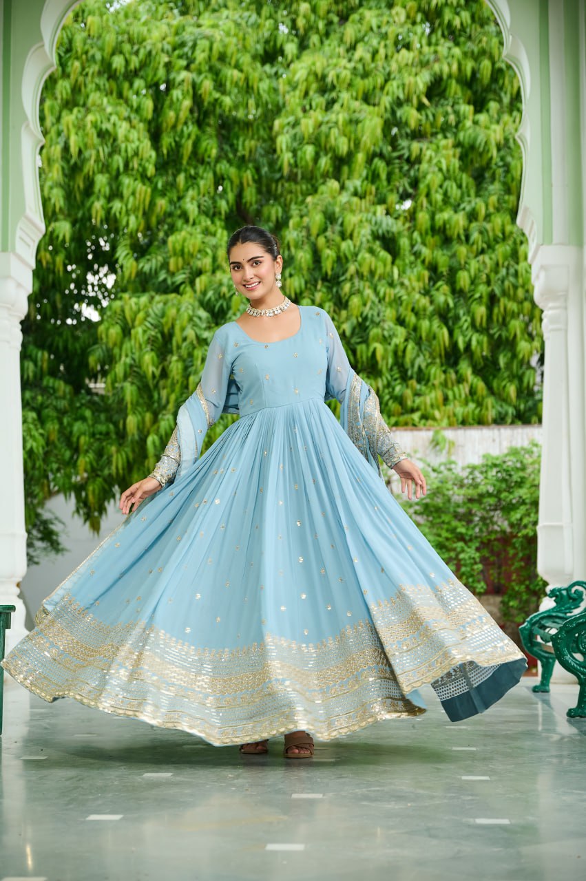 Surbhi Pastel Blue & Lavender Golden Embroidered  Anarkali Gown