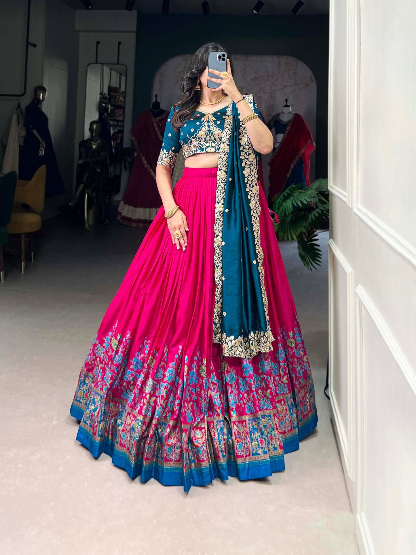 Zaibaana Zewar Antique Ivory Lehenga with Heritage Floral Print and Crimson Choli