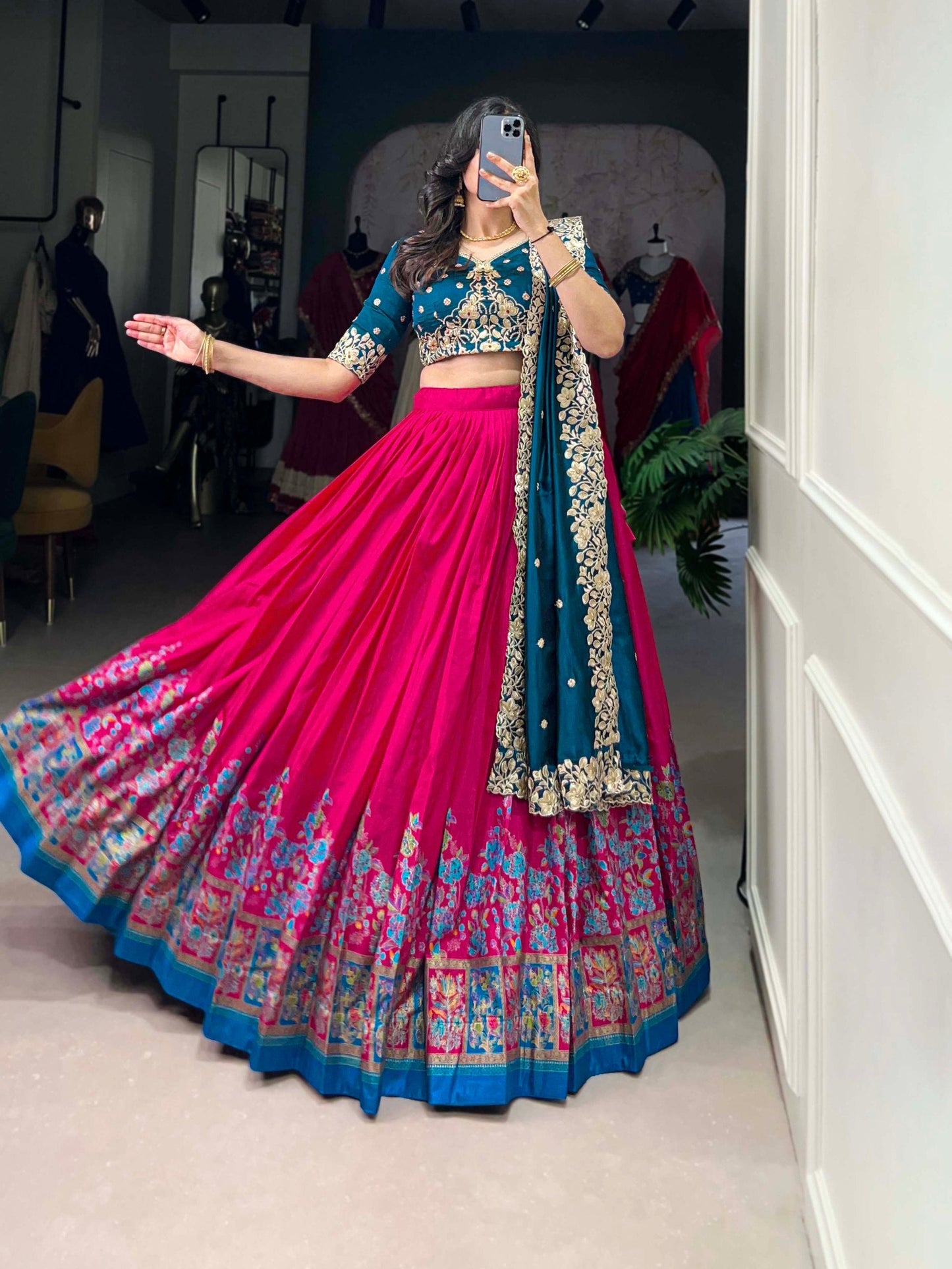 Zaibaana Zewar Antique Ivory Lehenga with Heritage Floral Print and Crimson Choli