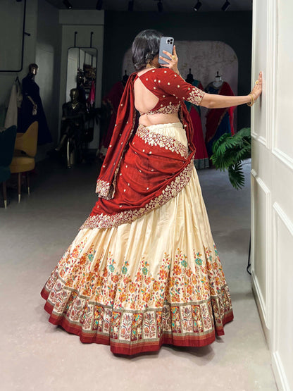 Zaibaana Zewar Antique Ivory Lehenga with Heritage Floral Print and Crimson Choli