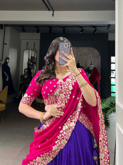 Zaibaana Zewar Antique Ivory Lehenga with Heritage Floral Print and Crimson Choli