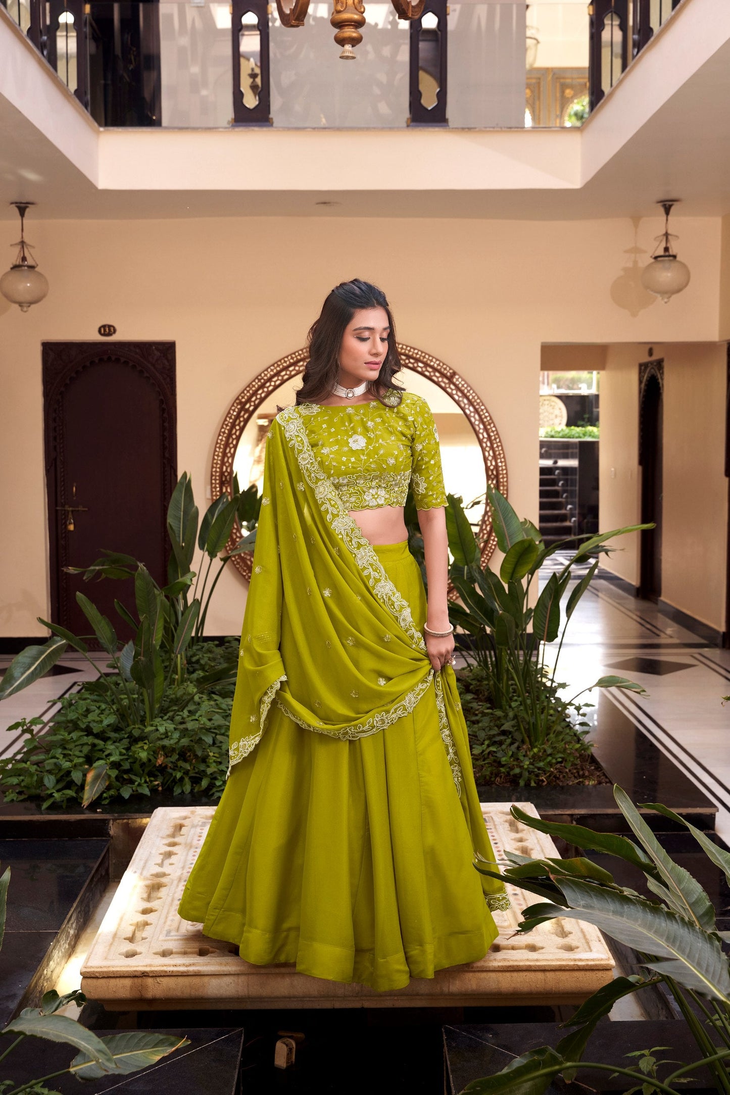 Mehfil-e-Husn: Lime Elegance Embroidered Lehenga Set