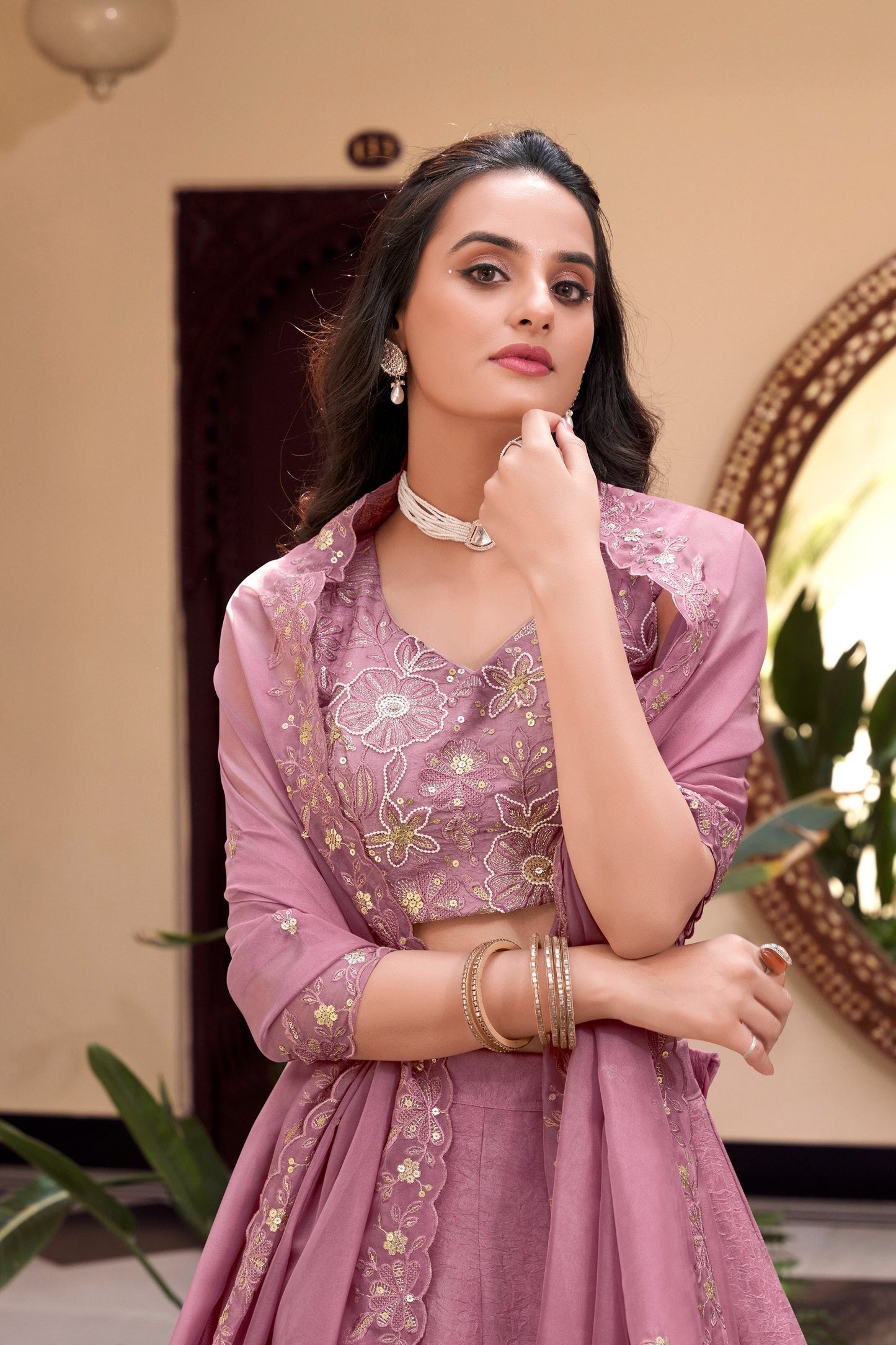 Sakina Serenity: Minimal Mauve Embroidered Lehenga Choli