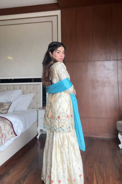Samaira Hand Embroidered Sharara Suit with Sky Blue Dupatta