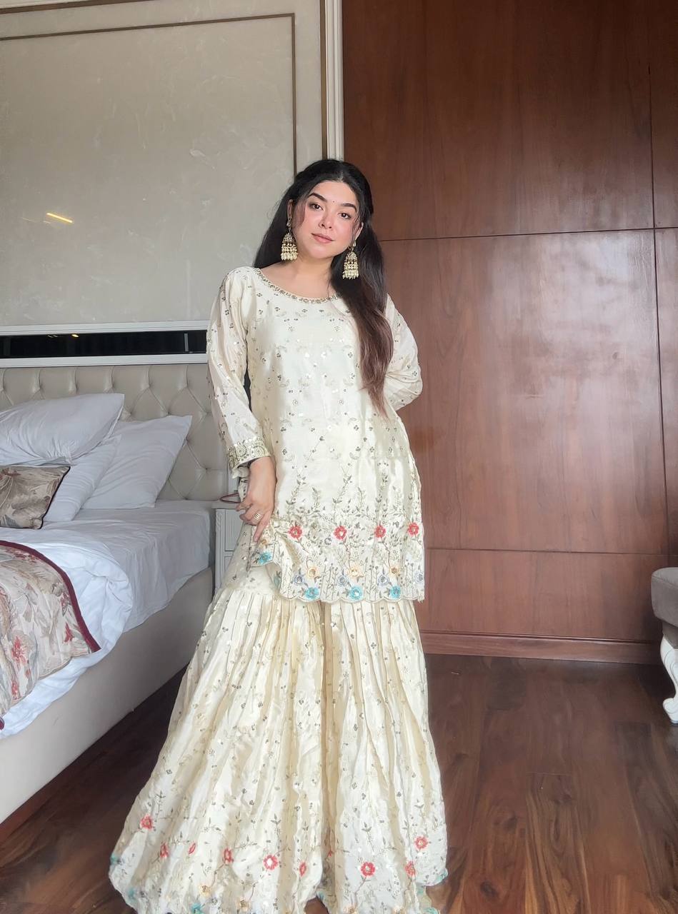 Samaira Hand Embroidered Sharara Suit with Sky Blue Dupatta