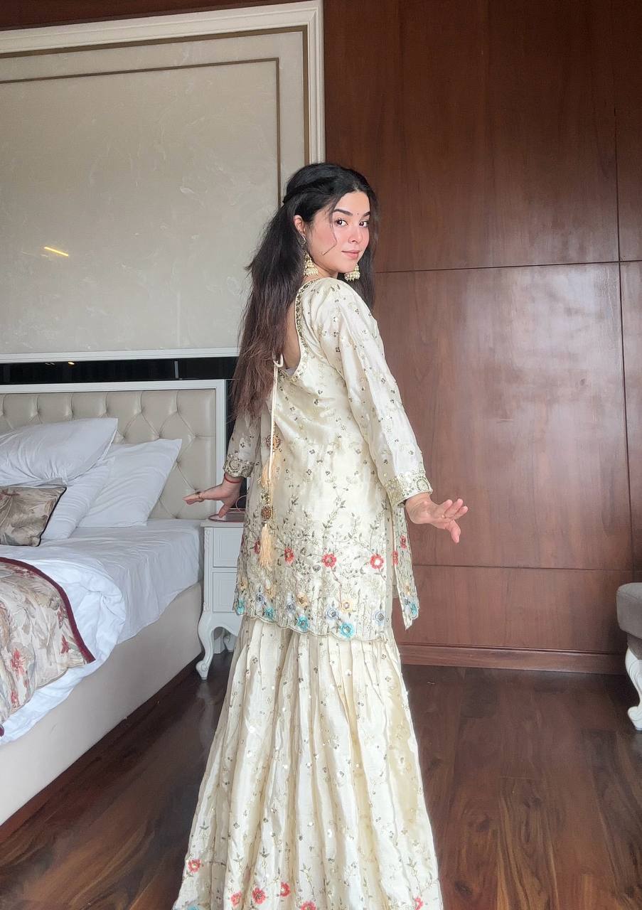 Samaira Hand Embroidered Sharara Suit with Sky Blue Dupatta