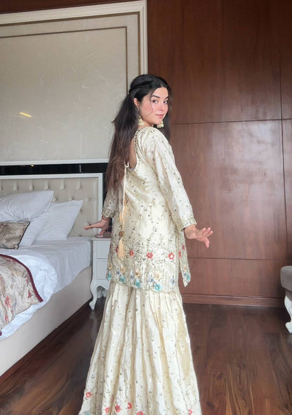 Samaira Hand Embroidered Sharara Suit with Sky Blue Dupatta