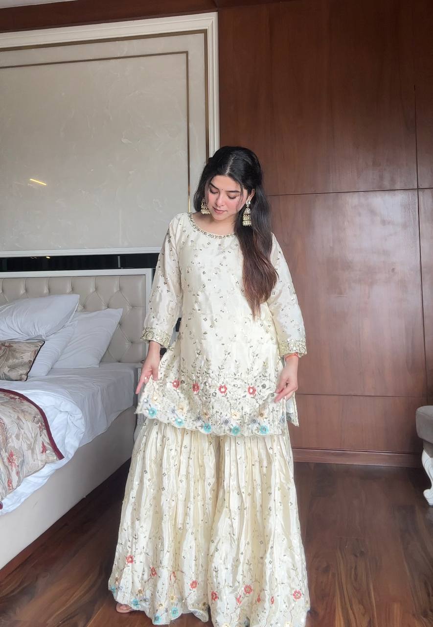 Samaira Hand Embroidered Sharara Suit with Sky Blue Dupatta