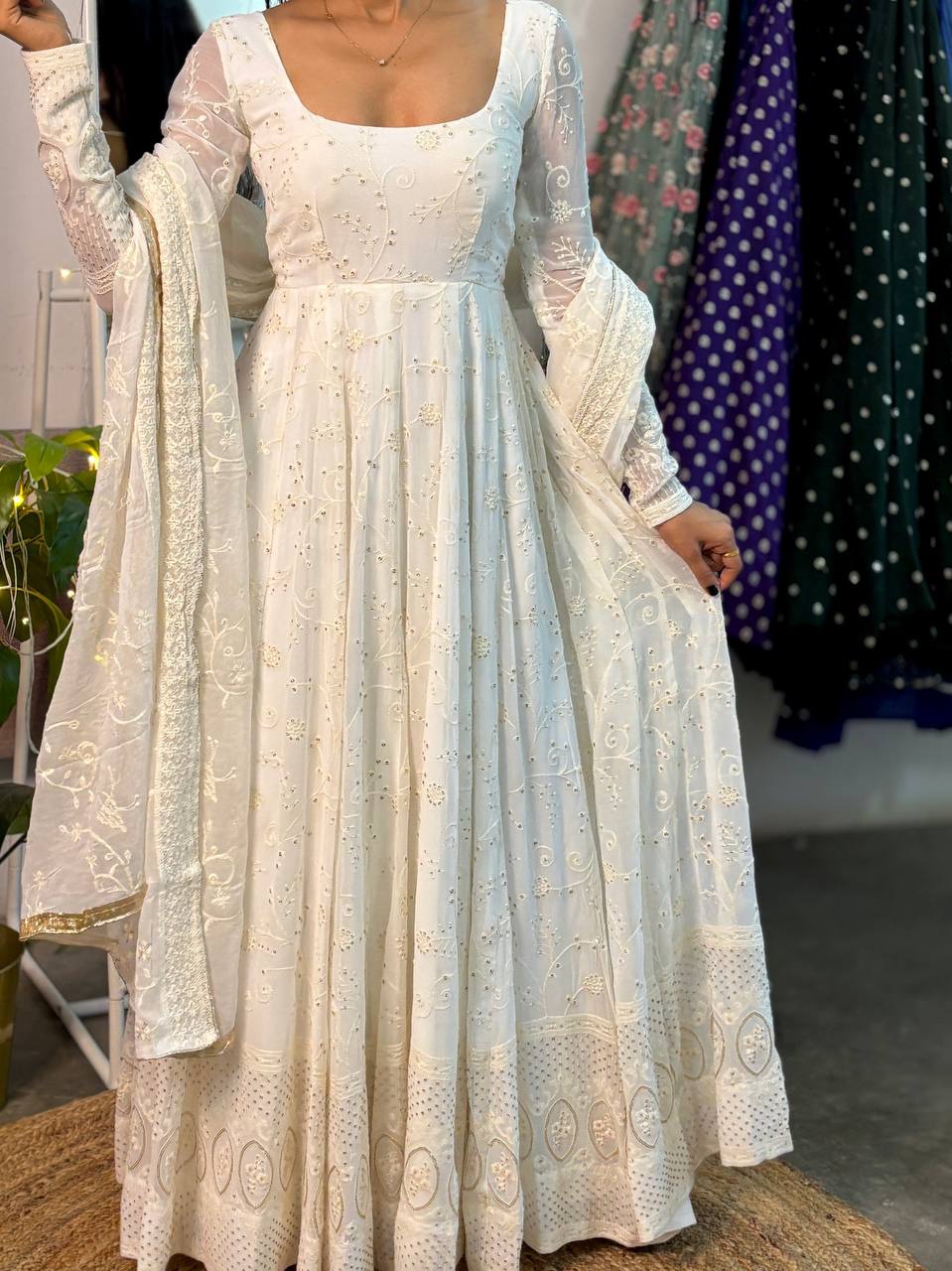 Nivara White Embroidered Anarkali Suit Set