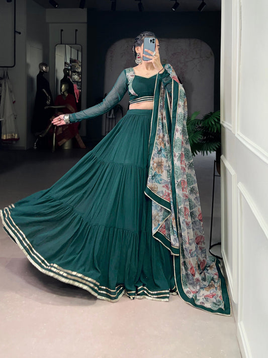 Rashika Dark Green Lehenga with Stylish Blouse and Digital Print Dupatta