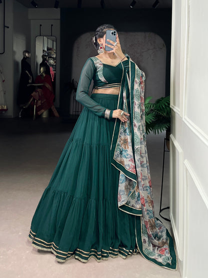 Rashika Dark Green Lehenga with Stylish Blouse and Digital Print Dupatta