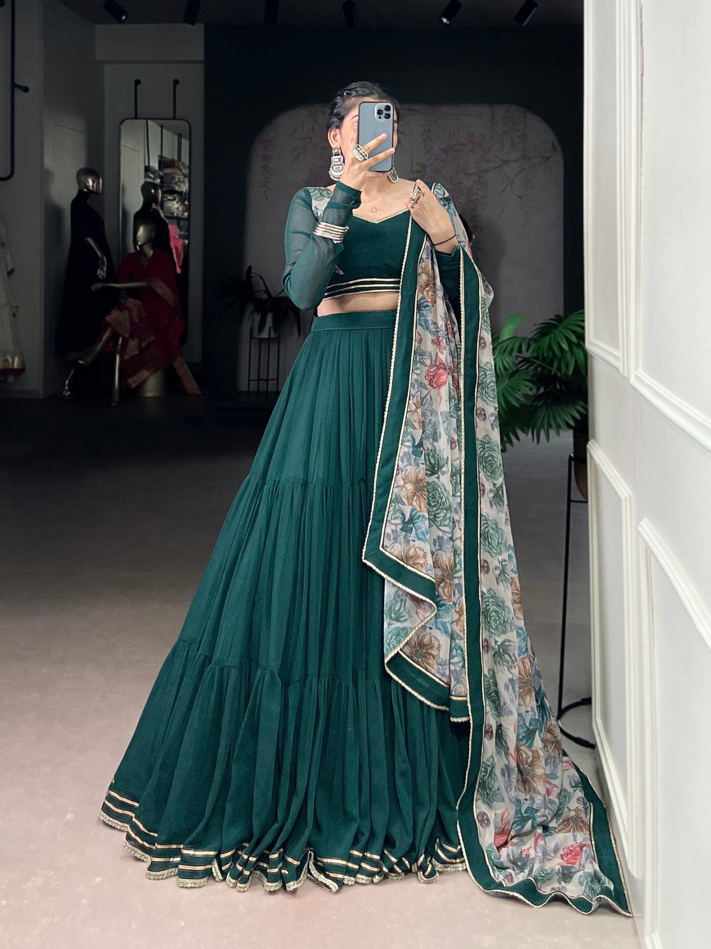 Rashika Dark Green Lehenga with Stylish Blouse and Digital Print Dupatta