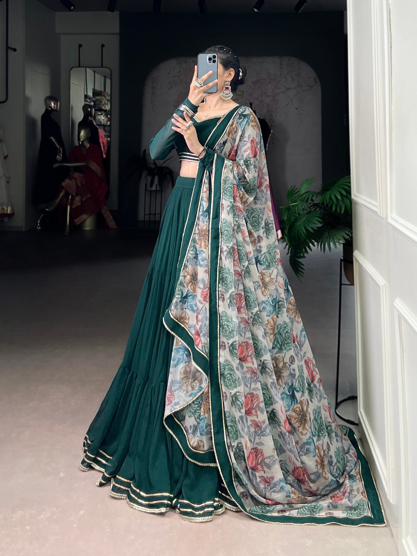 Rashika Dark Green Lehenga with Stylish Blouse and Digital Print Dupatta
