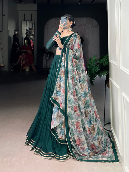 Rashika Dark Green Lehenga with Stylish Blouse and Digital Print Dupatta