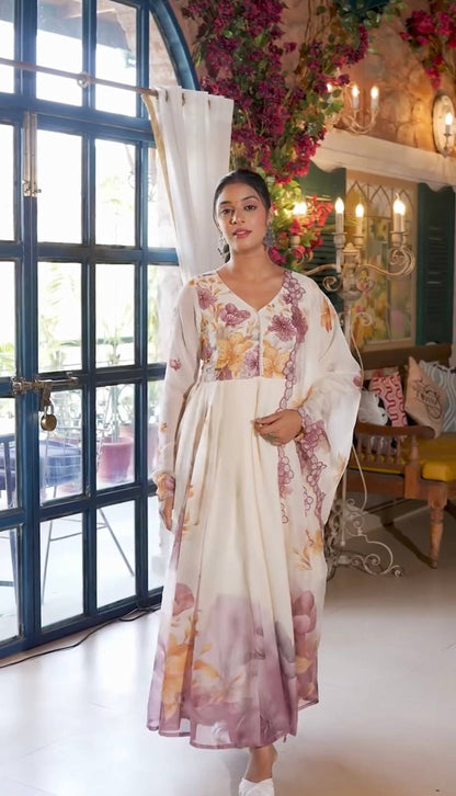 Vanshika Lavender Bloom Elegance Floral Printed Anarkali Gown