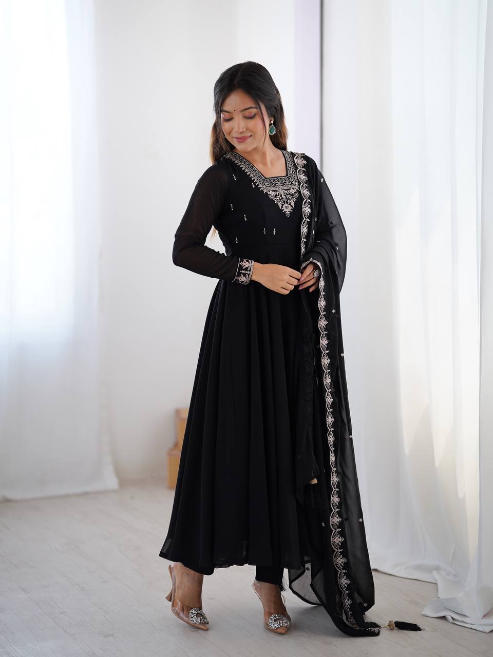 Black Embroidered Georgette Anarkali Set