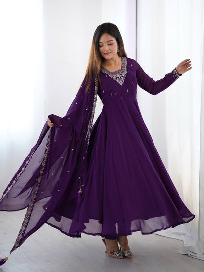 Verdant Grace: Embroidered  Anarkali Gown with Dupatta