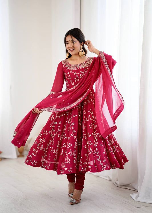 Aaradhya’s Regal Ruby Embroidered Ensemble Anarkali with Graceful Dupatta