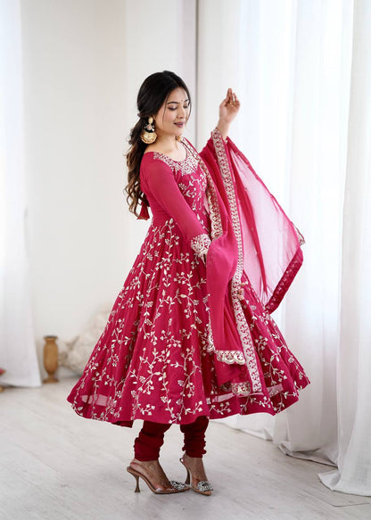 Aaradhya’s Regal Ruby Embroidered Ensemble Anarkali with Graceful Dupatta