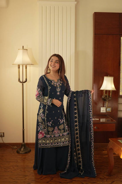 Kiyara Midnight Blossom Hand Embroidered Suit Set