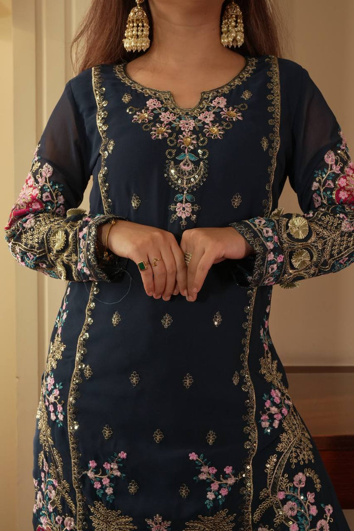 Kiyara Midnight Blossom Hand Embroidered Suit Set