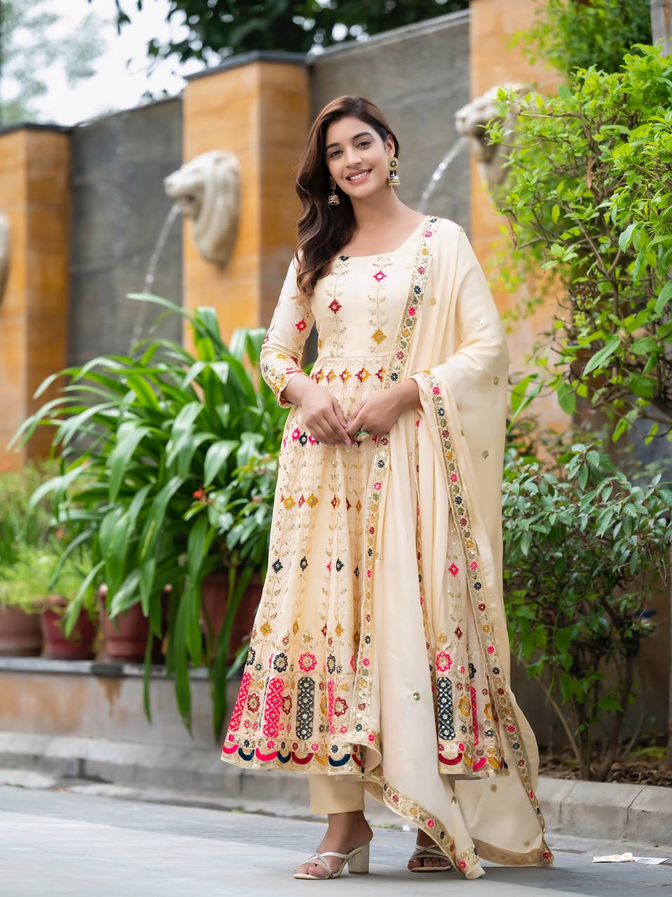 Yashvi Glow Cream Embroidered Anarkali Suit