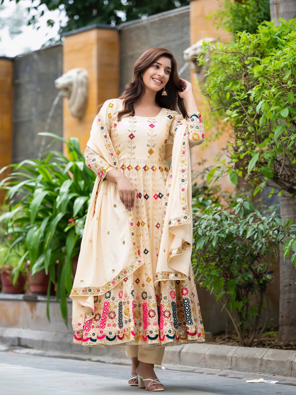 Yashvi Glow Cream Embroidered Anarkali Suit
