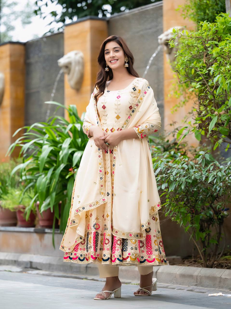 Yashvi Glow Cream Embroidered Anarkali Suit