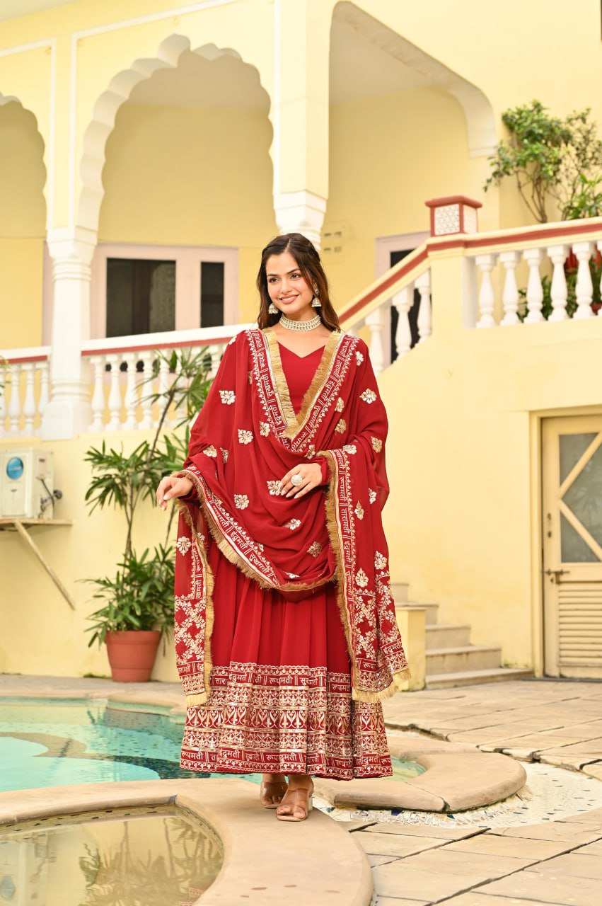 Charvi Regal Vermilion Glow Traditional Red Anarkali Set with Golden Dupatta