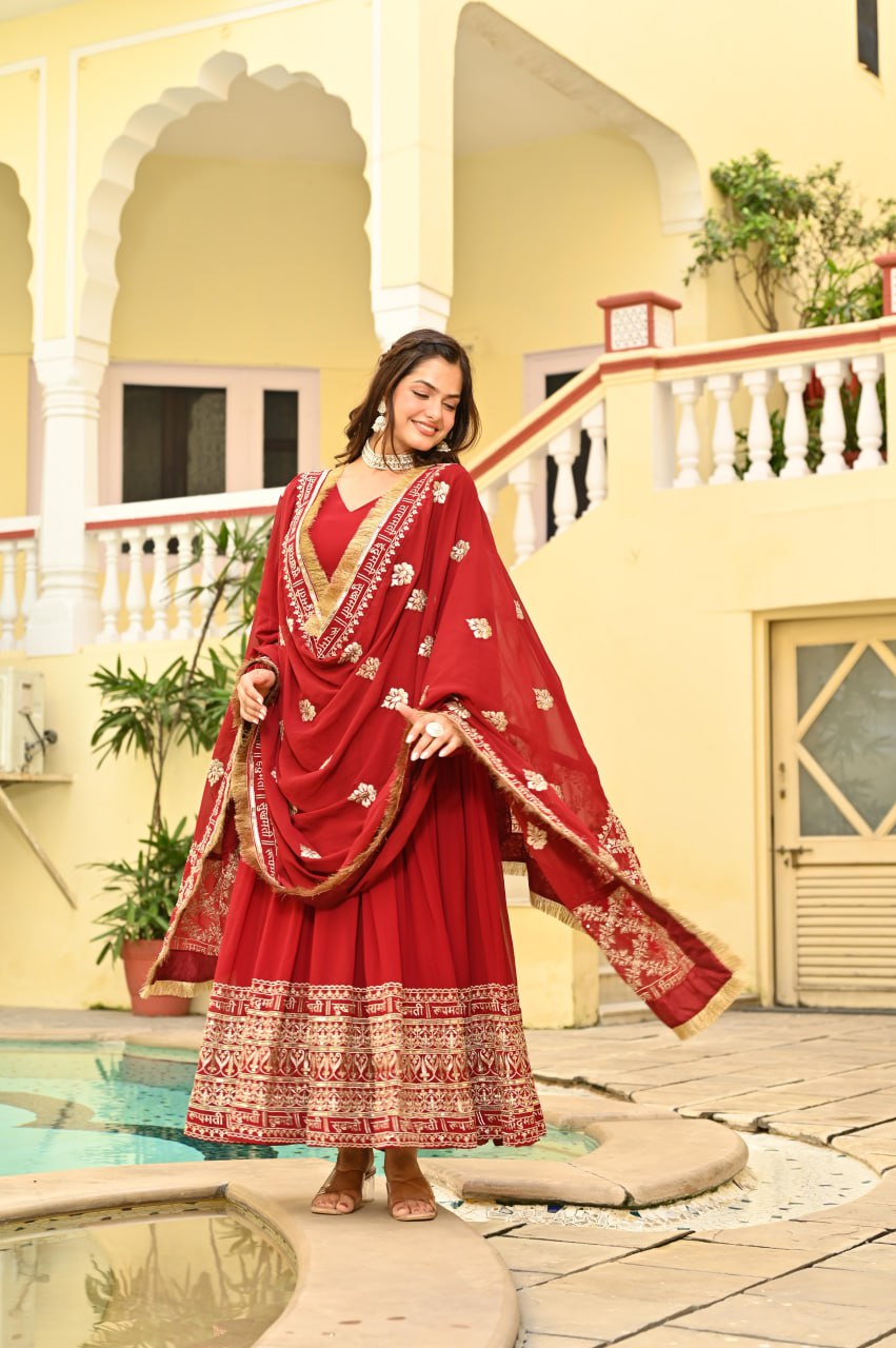Charvi Regal Vermilion Glow Traditional Red Anarkali Set with Golden Dupatta