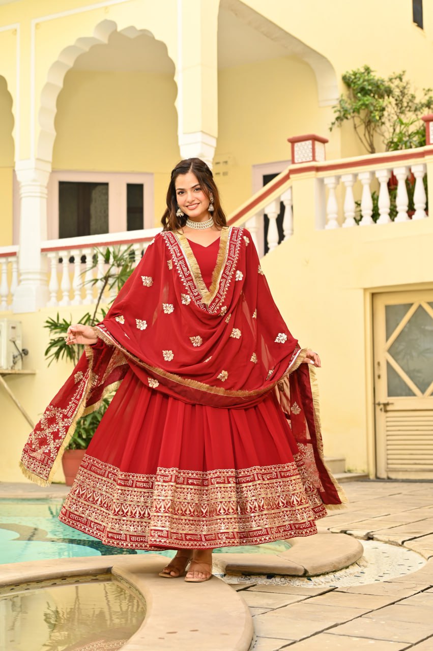 Charvi Regal Vermilion Glow Traditional Red Anarkali Set with Golden Dupatta