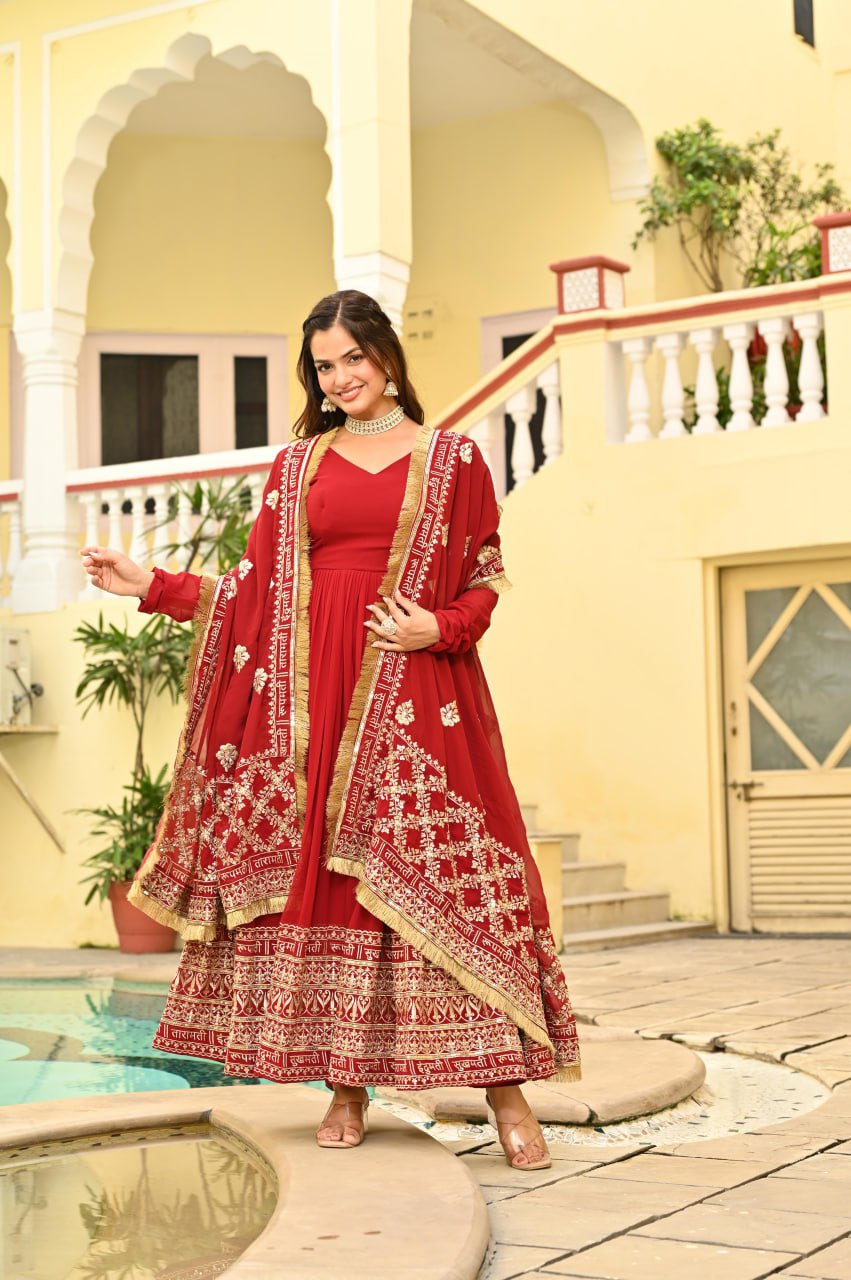 Charvi Regal Vermilion Glow Traditional Red Anarkali Set with Golden Dupatta