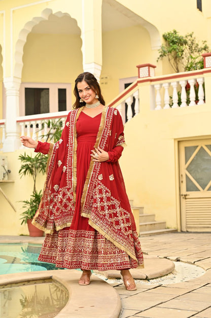 Charvi Regal Vermilion Glow Traditional Red Anarkali Set with Golden Dupatta