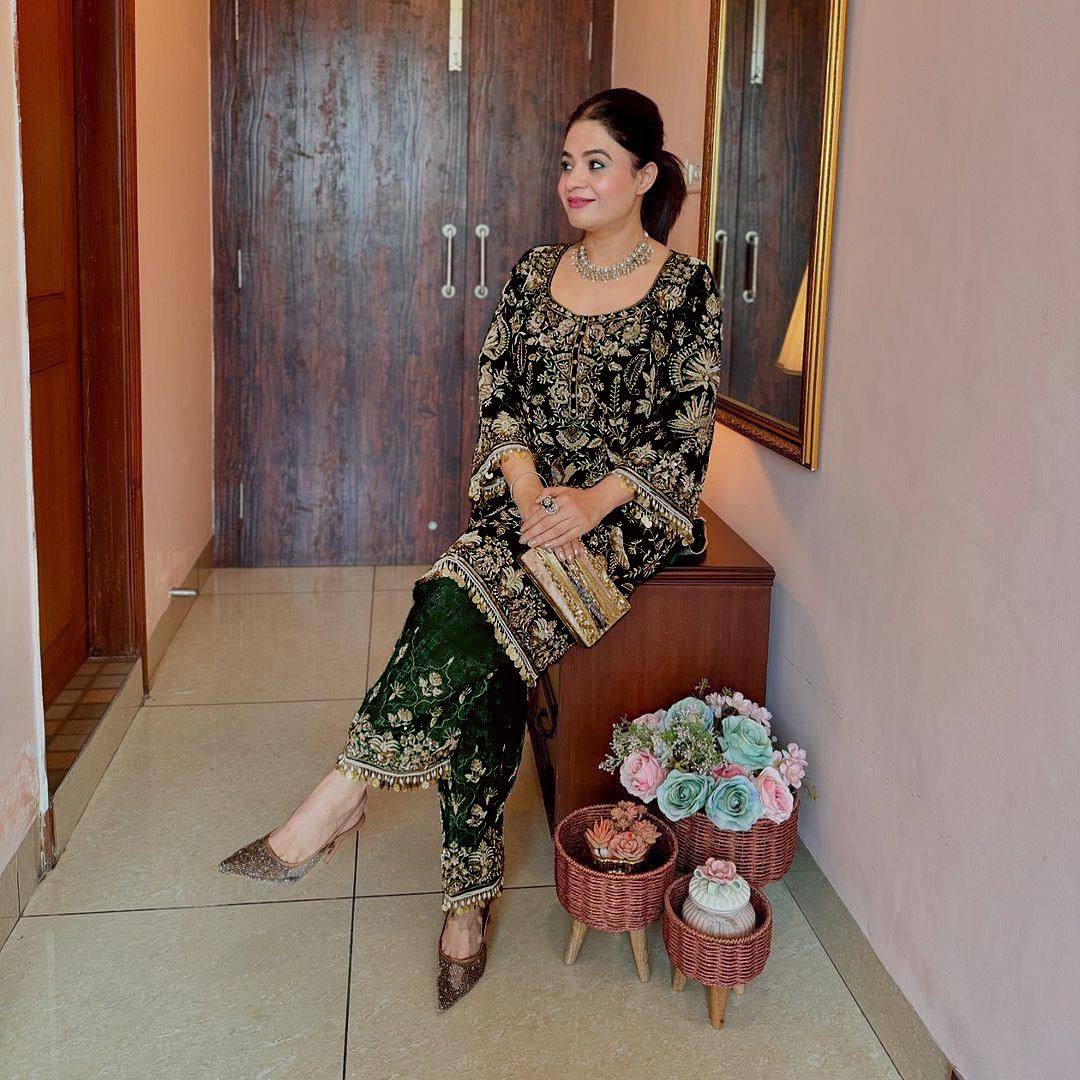 Green Colored Velvet Top Pent Suit Set