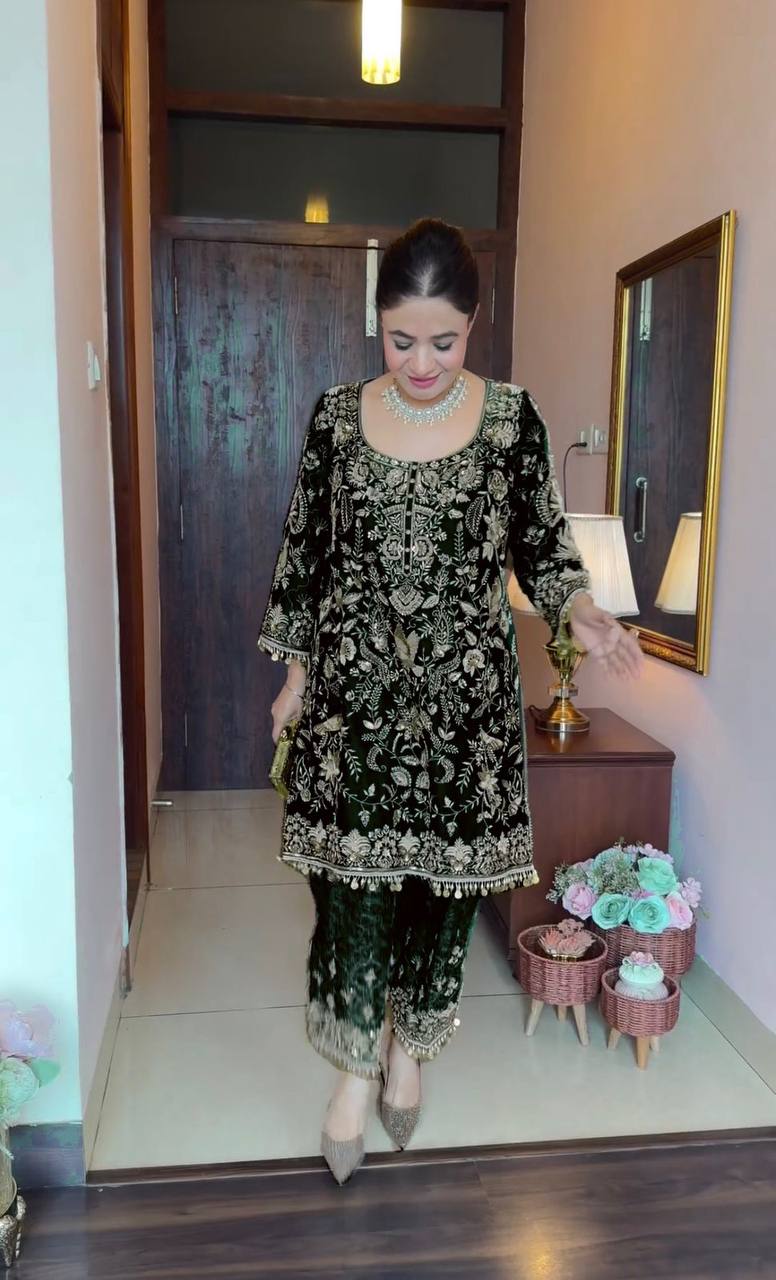 Green Colored Velvet Top Pent Suit Set