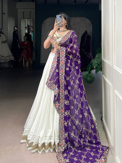 Royal Grace Off White Lehenga with Purple Embroidered Dupatta