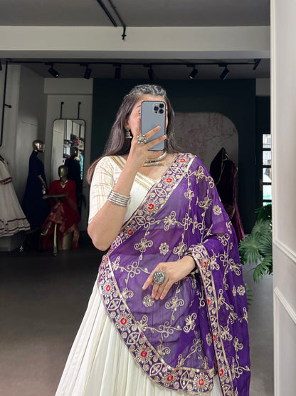 Royal Grace Off White Lehenga with Purple Embroidered Dupatta