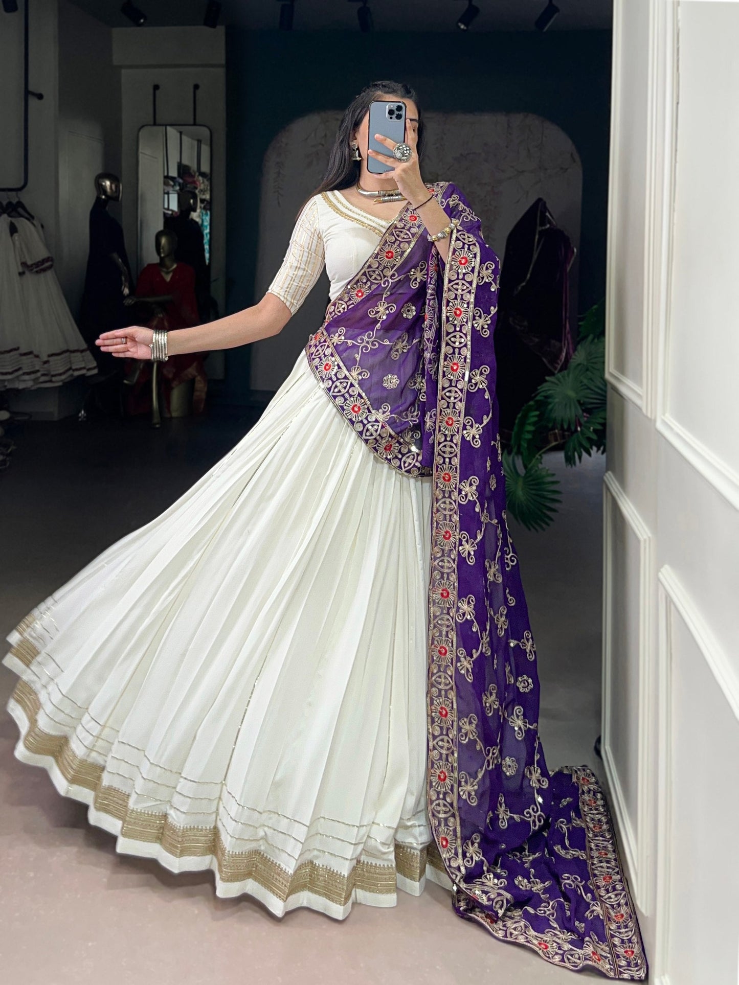 Royal Grace Off White Lehenga with Purple Embroidered Dupatta