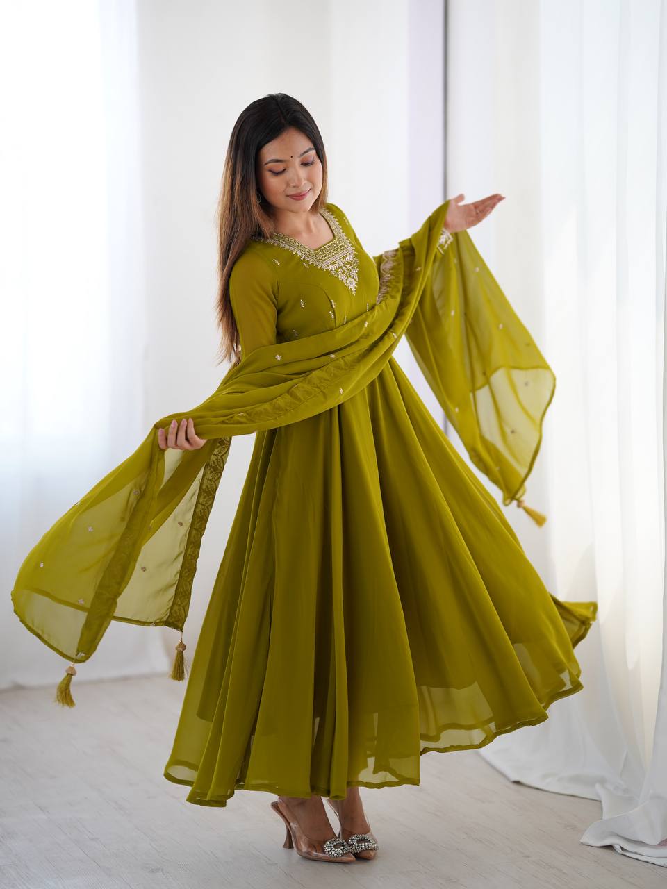 Verdant Grace: Embroidered  Anarkali Gown with Dupatta