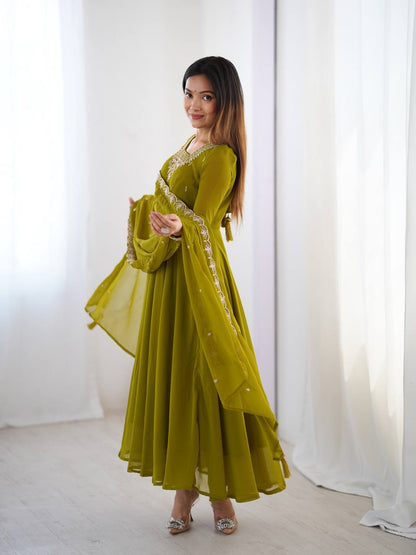 Verdant Grace: Embroidered  Anarkali Gown with Dupatta