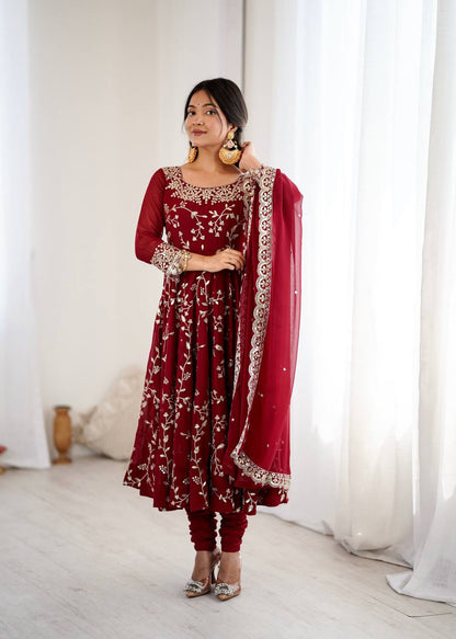 Aaradhya’s Regal Ruby Embroidered Ensemble Anarkali with Graceful Dupatta