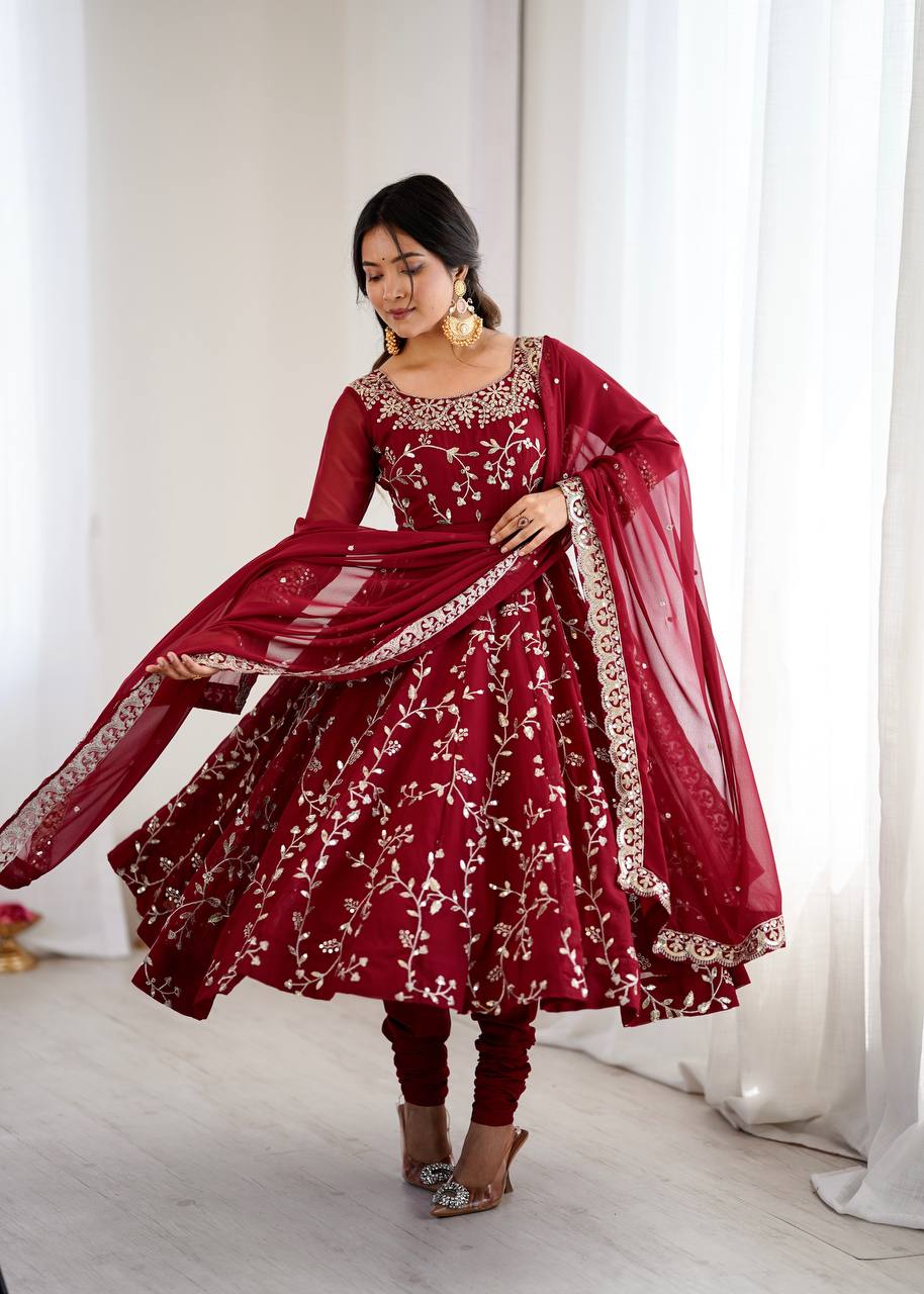 Aaradhya’s Regal Ruby Embroidered Ensemble Anarkali with Graceful Dupatta