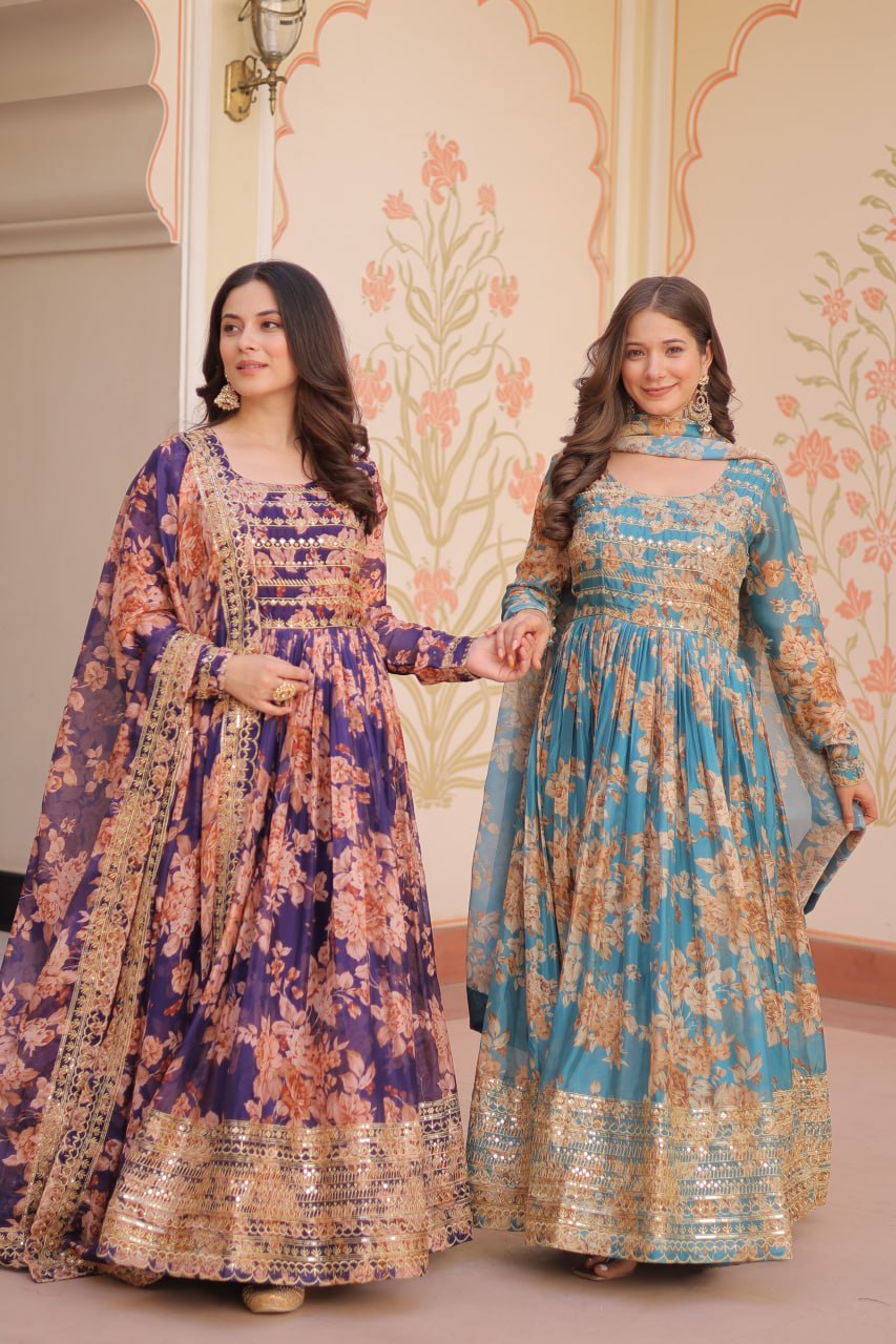 Ruhi Russian Silk Rich  Digital Print With Embroidered Sequins Work Gown