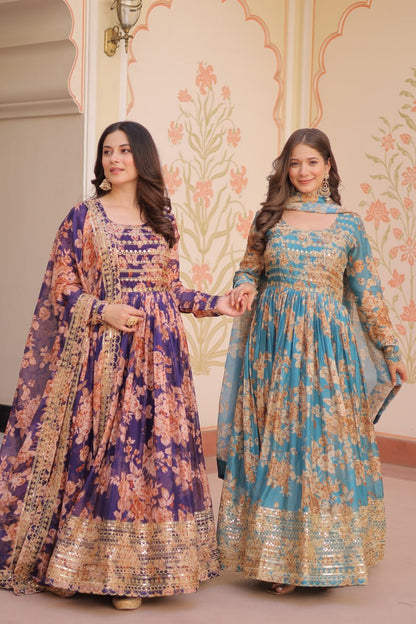 Ruhi Russian Silk Rich  Digital Print With Embroidered Sequins Work Gown